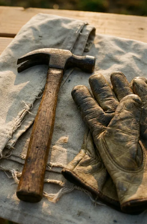 A well-worn claw hammer and broken-in leather work gloves on a canvas drop cloth