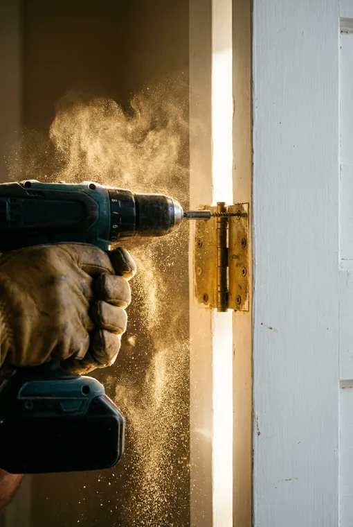 A gloved hand driving a screw into a brass door hinge