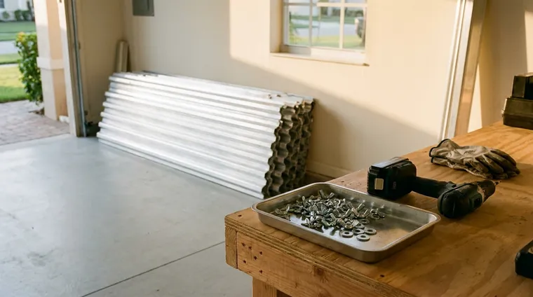 Aluminum hurricane storm panels stacked neatly in a garage