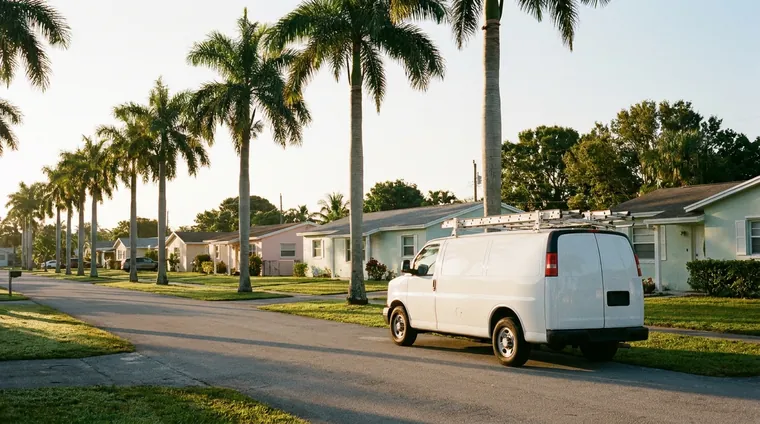 A plain white work van parked on a palm-lined South Florida street at sunrise
