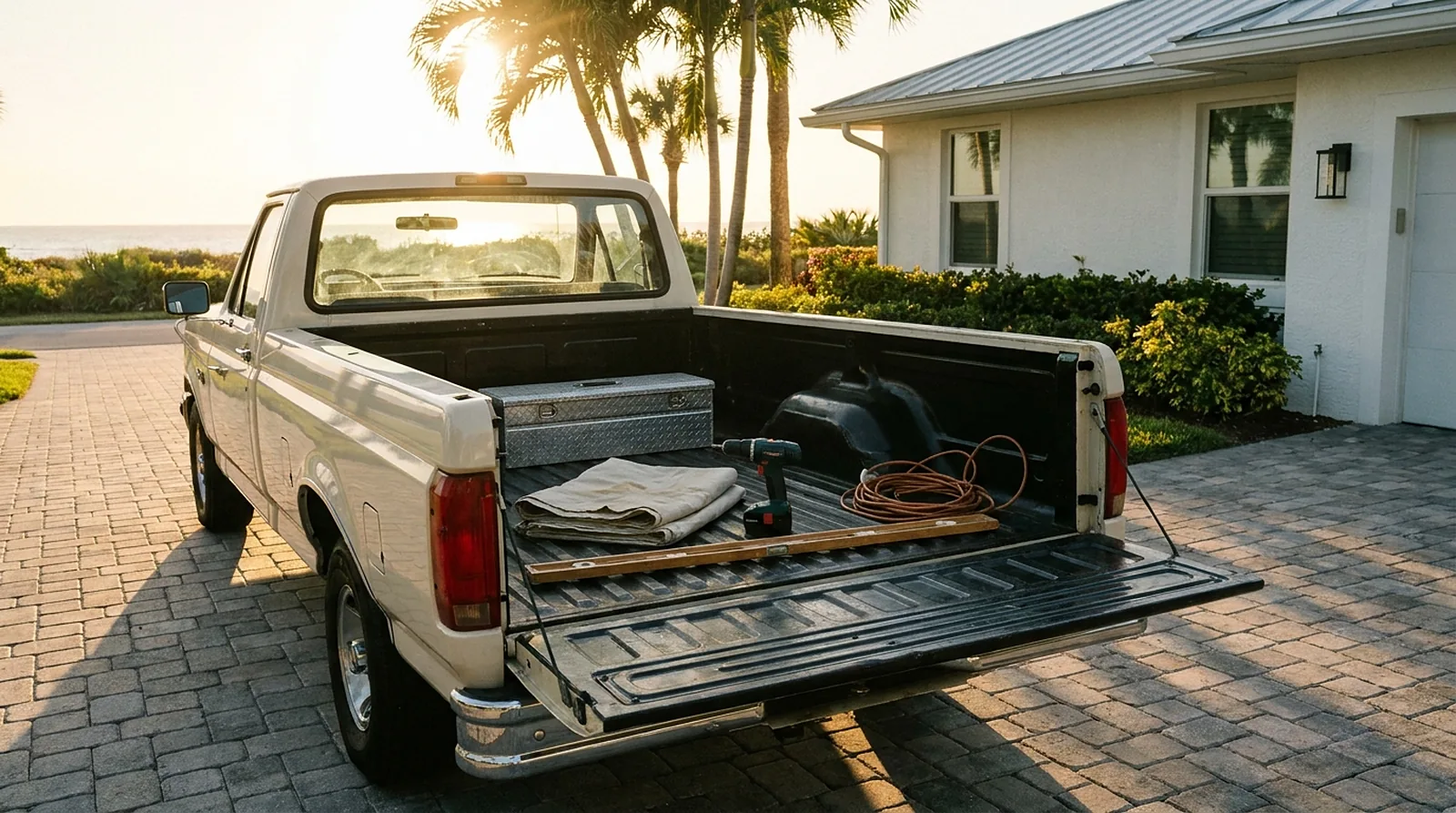An open pickup tailgate with a toolbox, drill, level and drop cloth in a palm-lined Florida driveway at golden hour